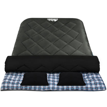 Grey Weisshorn double sleeping bag with pillow for camping and hiking, designed for thermal comfort in cold weather up to -10°C.
