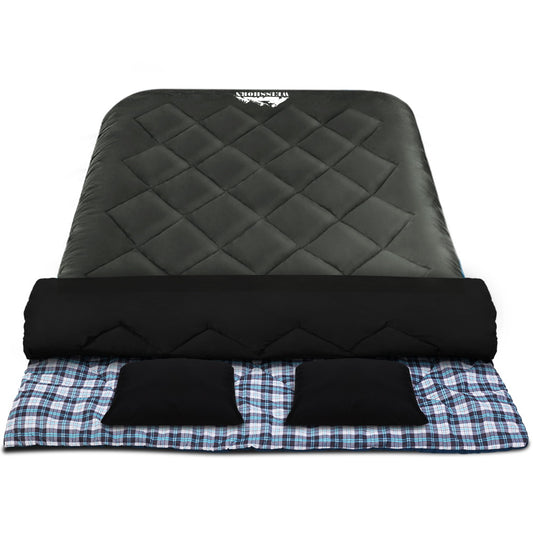 Grey Weisshorn double sleeping bag with pillow for camping and hiking, designed for thermal comfort in cold weather up to -10°C.