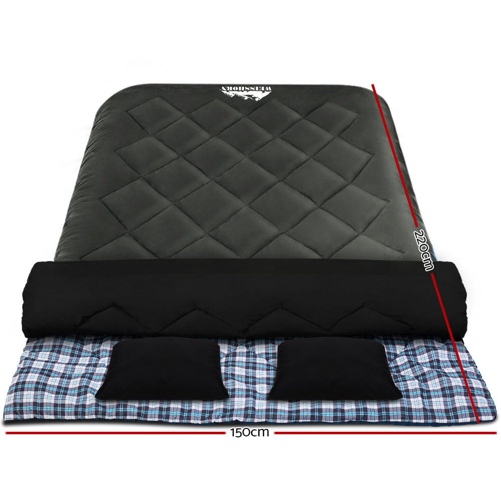 Grey Weisshorn double sleeping bag with built-in pillows, ideal for camping and hiking in cold weather down to -10°C.