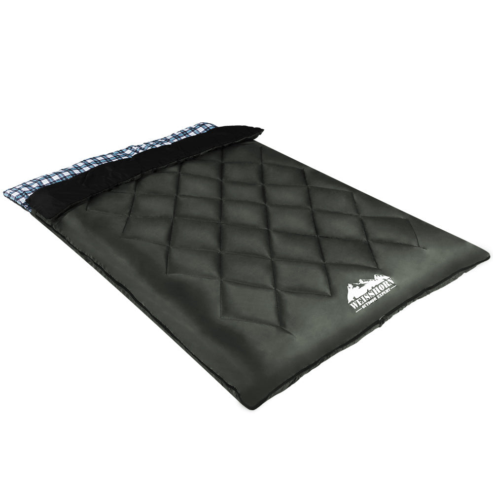 Grey Weisshorn double sleeping bag with pillow, designed for camping and hiking, rated for -10°C outdoor outdoor recreation.