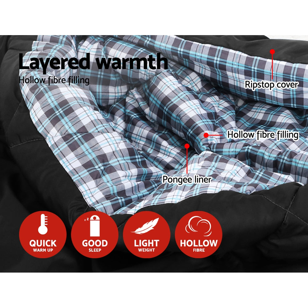 Grey Weisshorn double sleeping bag with built-in pillows, designed for camping and hiking in cold weather below -10°C.