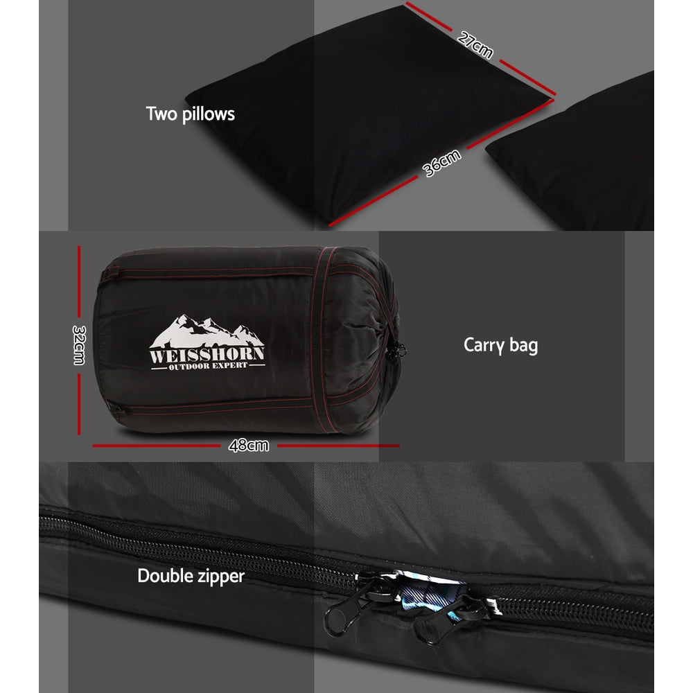 Grey Weisshorn double sleeping bag with built-in pillows, thermal insulation, ideal for camping and hiking in cold weather.
