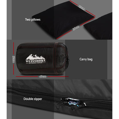 Grey Weisshorn double sleeping bag with built-in pillows, thermal insulation, ideal for camping and hiking in cold weather.