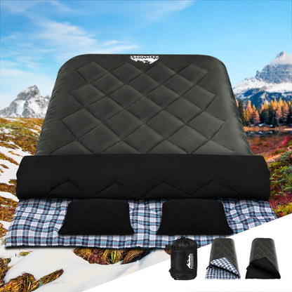Grey Weisshorn double sleeping bag with built-in pillows, ideal for camping and hiking in cold weather, rated for -10°C.