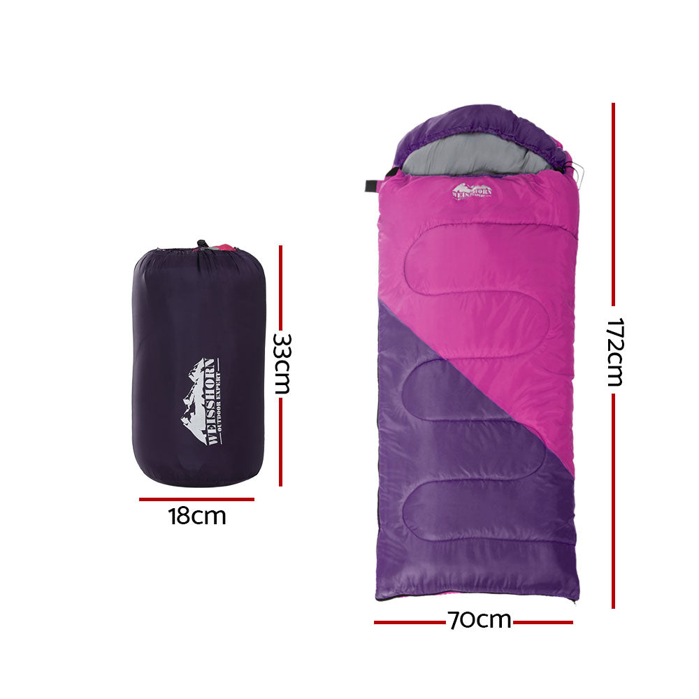 Pink Weisshorn kids' sleeping bag, 172cm thermal camping and hiking gear, lightweight and suitable for outdoor adventures.