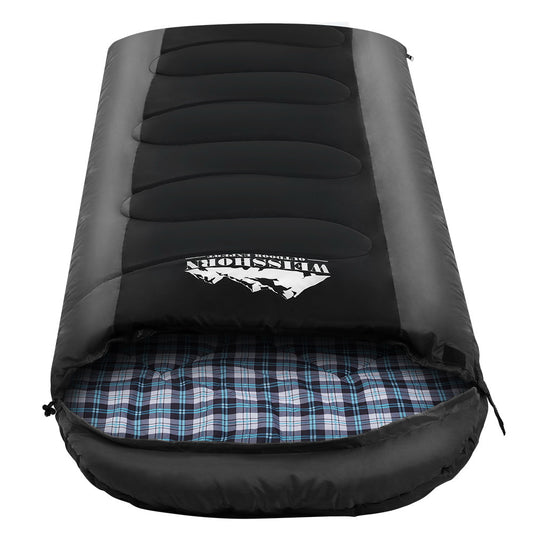 Black Weisshorn single sleeping bag by Hlpmedical designed for camping and hiking, rated for -20°C thermal outdoor use.