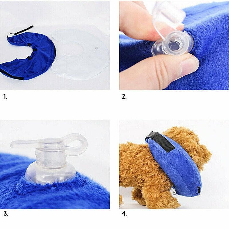 Grey inflatable soft healing collar for dogs, with adjustable strap and protective design, suitable for wounds and medical recovery.
