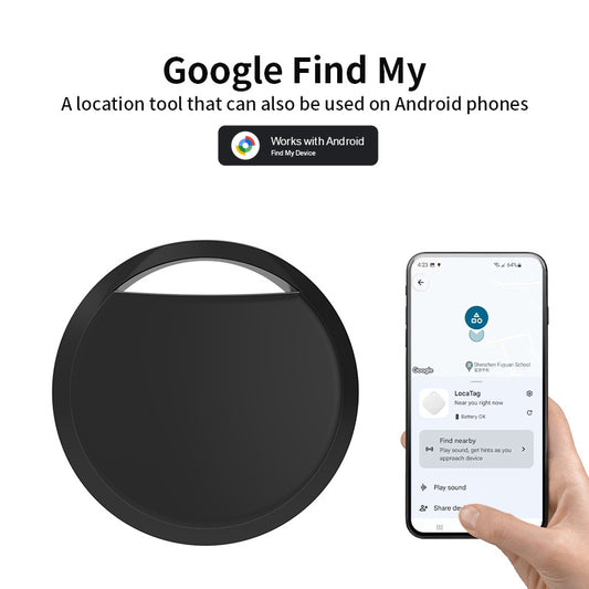Black Android tracker from Hlpmedical, compatible with Google Find My Device, used for pet and luggage tracking.