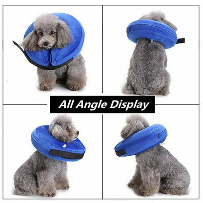 Blue inflatable pet dog collar by Hlpmedical, soft healing cone for wound protection, suitable for cats and small dogs.