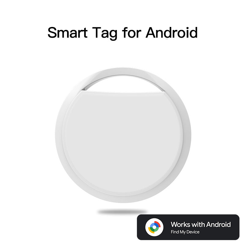 White Android tracker by Hlpmedical for pets and luggage, compatible with Google Find My Device, shown attached to a pet collar.