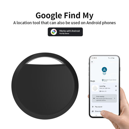 White Android tracker by Hlpmedical for pets and luggage, compatible with Google Find My Device, shown attached to a pet collar.