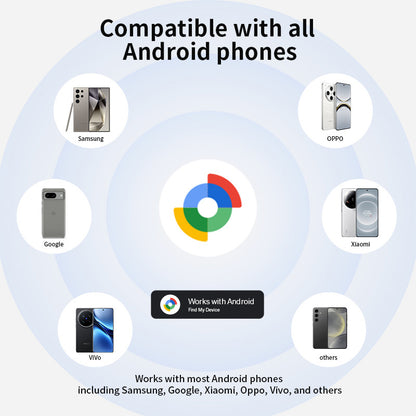 White Android pet tracker from Hlpmedical, compatible with Google Find My Device, used for locating luggage and pets.