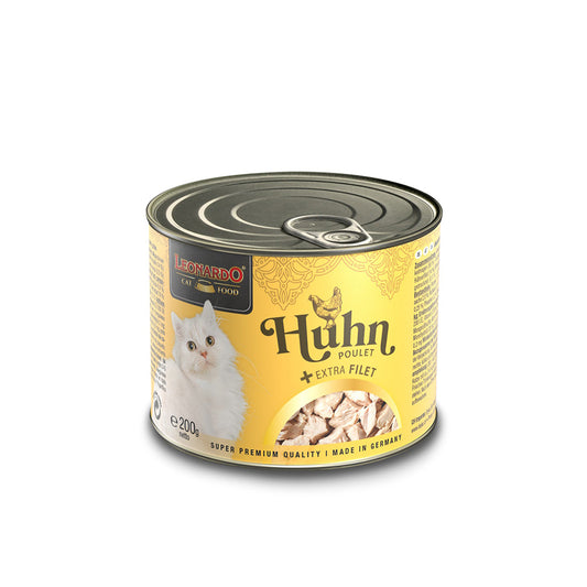 Canned Leonardo chicken and extra fillet wet cat food in six 200g cans, with label showing chicken pieces and brand logo