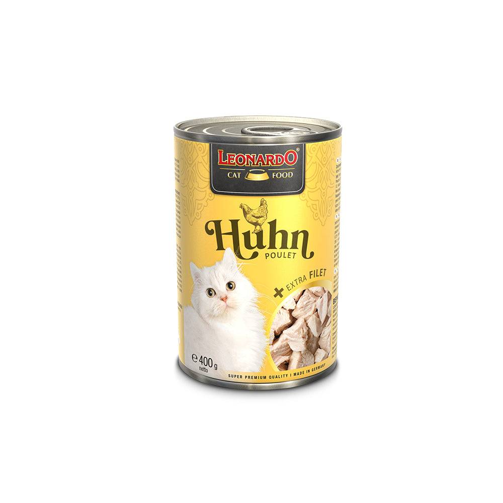 Hlpmedical Leonardo chicken and extra fillet wet cat food in 400g cans, ideal for nourishing adult cats.