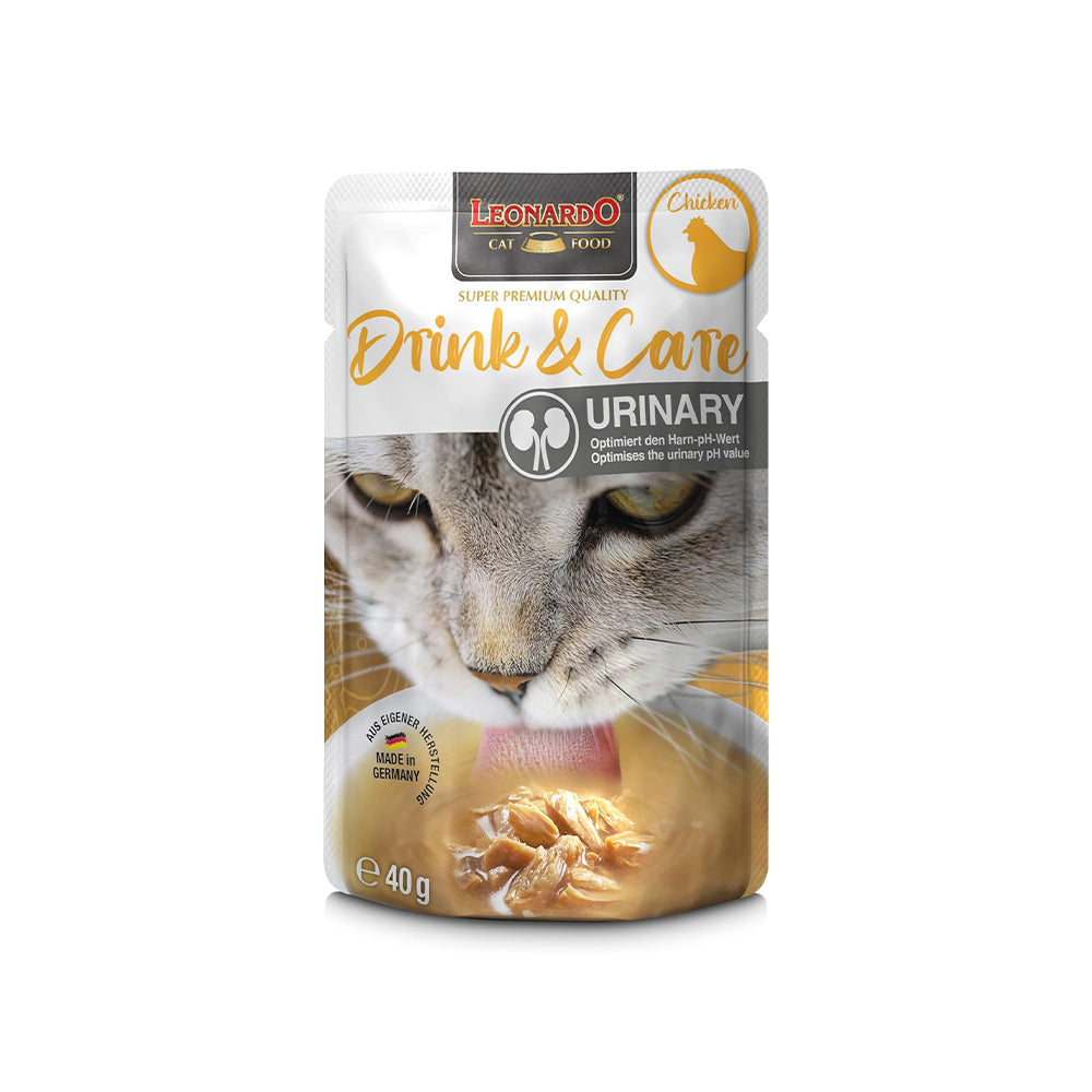 Hlpmedical Leonardo Drink & Care Urinary Chicken Wet Cat Food 40g pack with 20 cans, designed for feline urinary health.