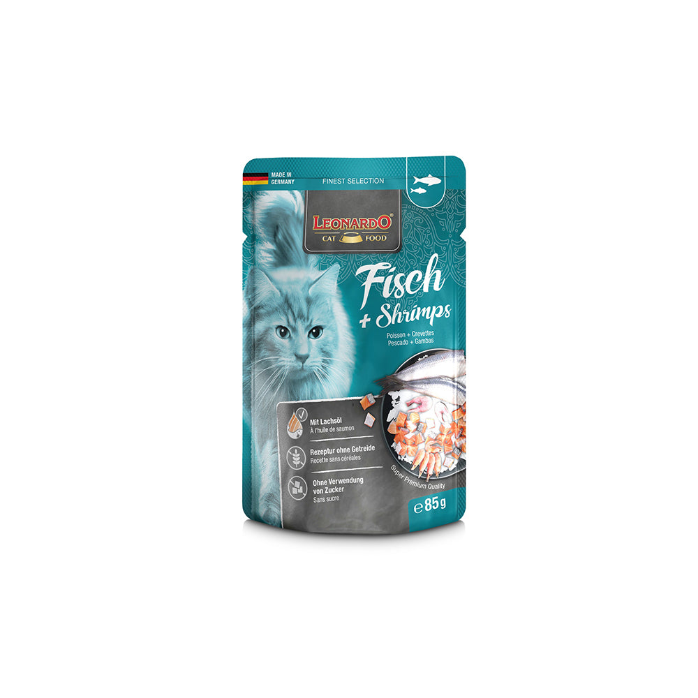 LEONARDO Finest Selection Fish & Shrimps wet cat food pack with 16 cans, suitable for feline pet care and nutrition.