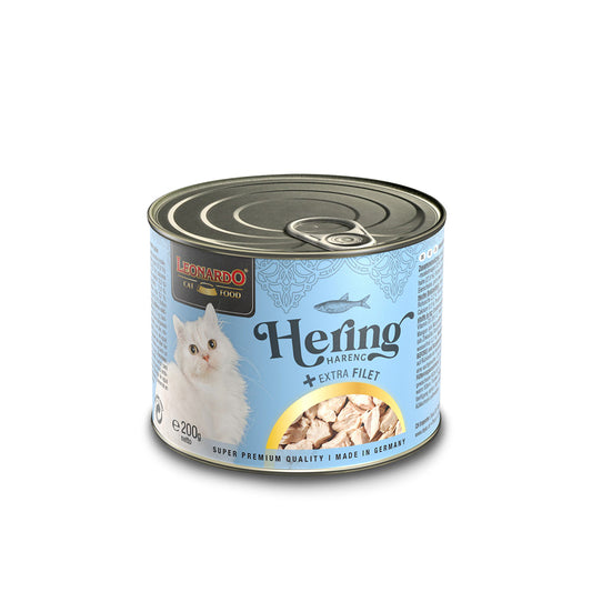 Cans of LEONARDO Herring and Extra Fillet wet cat food by Hlpmedical, 200g each, suitable for nourishing cats.