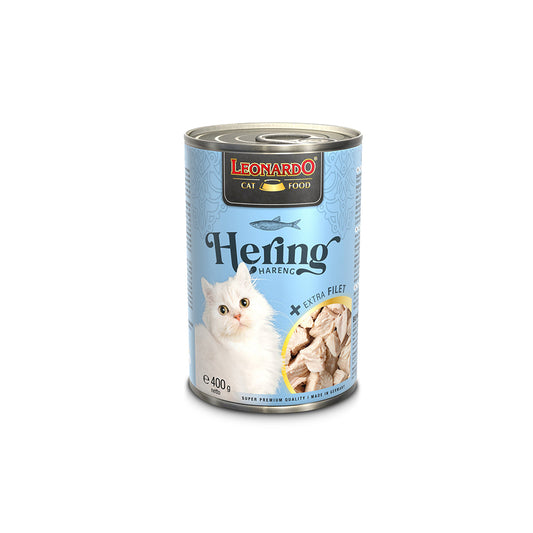 Cans of Hlpmedical Leonardo Herring and Extra Fillet wet cat food, 400g each, featuring fish fillets and herring flavor for cats.