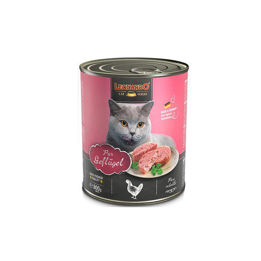 Hlpmedical Leonardo Quality Selection pure poultry wet cat food 800g pack, showing six cans with labels and brand branding