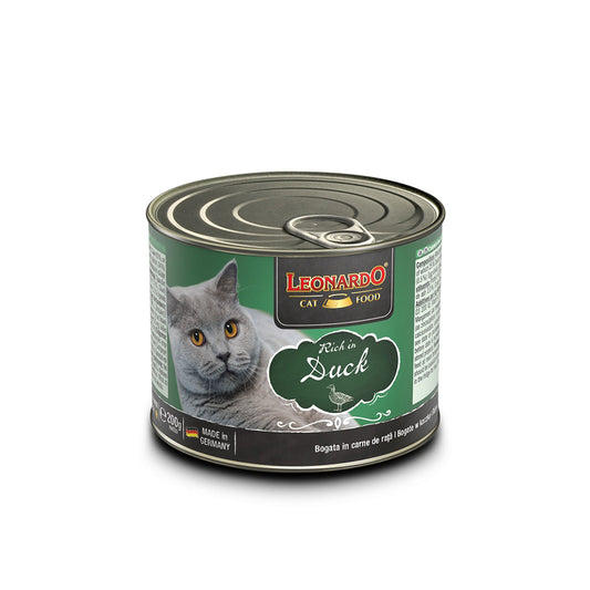 Canned duck-flavored wet cat food by Leonardo, 200g can, part of the Hlpmedical pet care collection, featuring rich, nutritious ingredients.