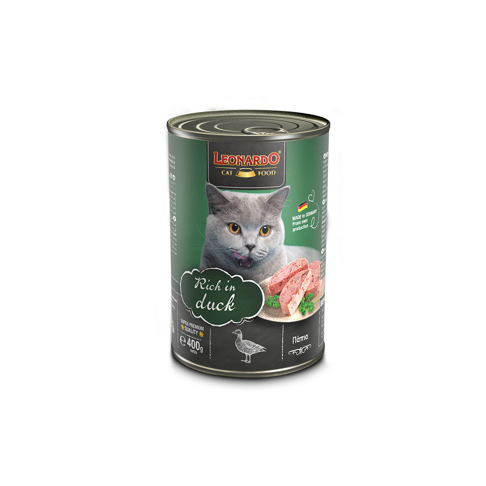 Canned duck wet cat food from Leonardo Quality Selection, 400g×6 pack, suitable for pet care and nutritious feline diet.