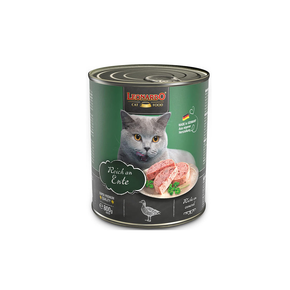 Hlpmedical Leonardo Duck Wet Cat Food 800g pack showing multiple cans of rich, high-quality cat food for dietary nutrition.