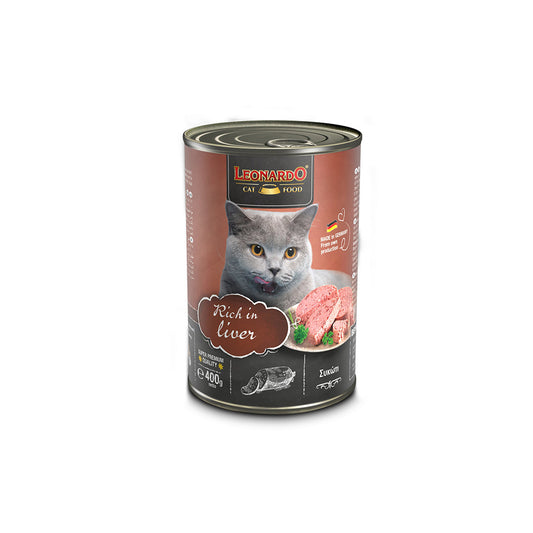 Hlpmedical Leonardo Quality Selection Rich in Liver wet cat food, 400g pack, showing cans with cat food and branding.