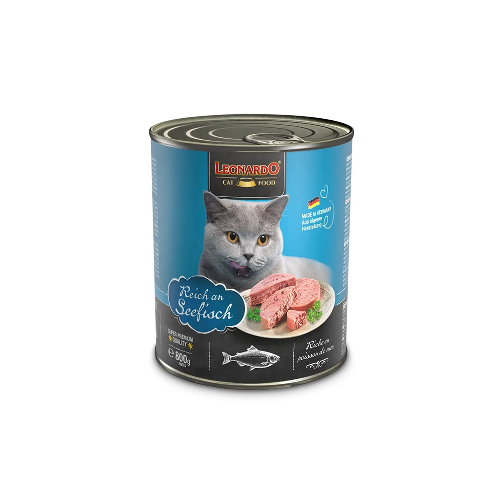 Hlpmedical Leonardo rich oceanfish wet cat food in six 800g cans, featuring a can of cat food with fish ingredients and brand label.