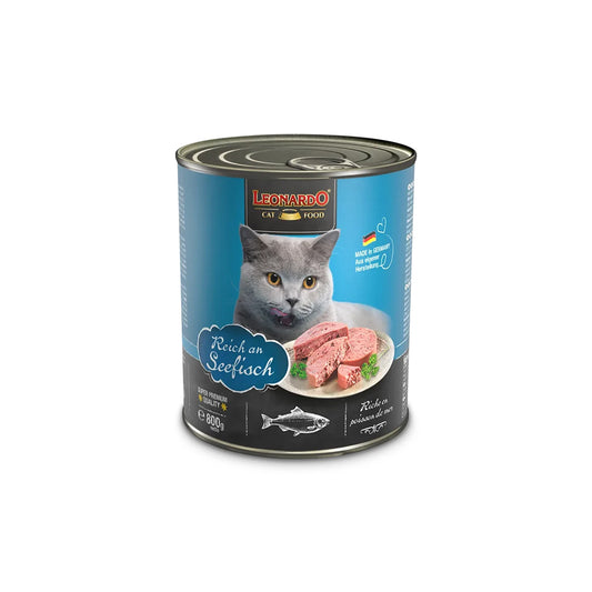 Hlpmedical Leonardo rich oceanfish wet cat food in six 800g cans, featuring a can of cat food with fish ingredients and brand label.