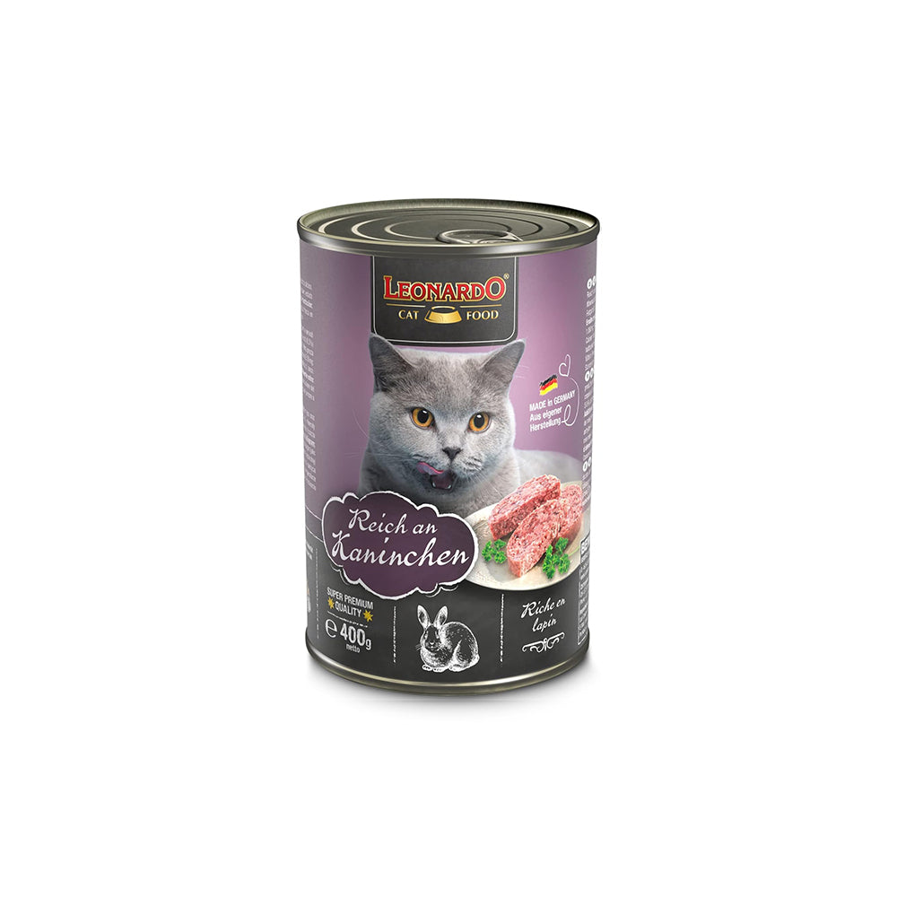 Cans of LEONARDO Quality Selection Rich in Rabbit wet cat food, 400g, displayed with labels and packaging details.