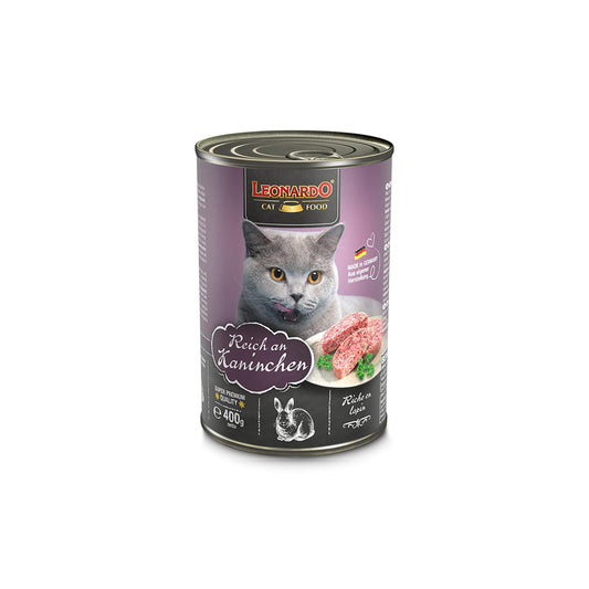 Cans of LEONARDO Quality Selection Rich in Rabbit wet cat food, 400g, displayed with labels and packaging details.