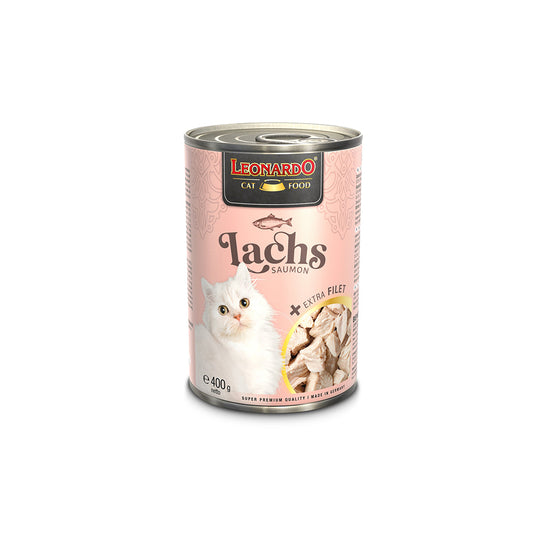 Hlpmedical Leonardo salmon and extra fillet wet cat food 400g pack, featuring tender salmon pieces in gravy for cats