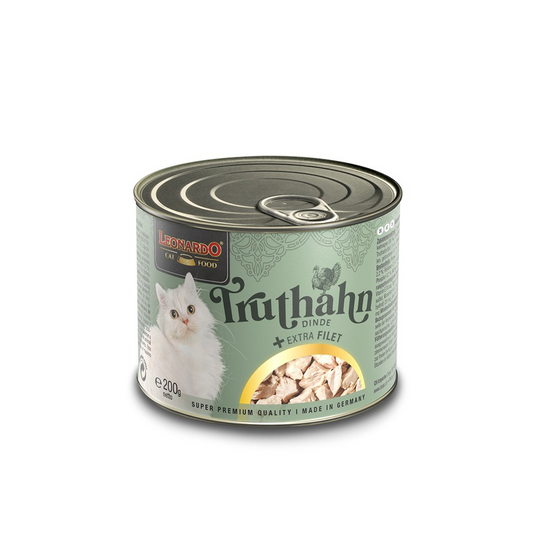 Hlpmedical LEONARDO Turkey and Extra Fillet wet cat food 200g pack, showing cans with turkey flavor for cats.