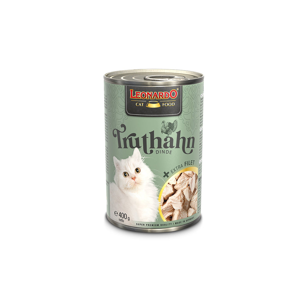 Cans of Hlpmedical Leonardo Turkey and Extra Fillet wet cat food with labels, arranged in a row on a white background.