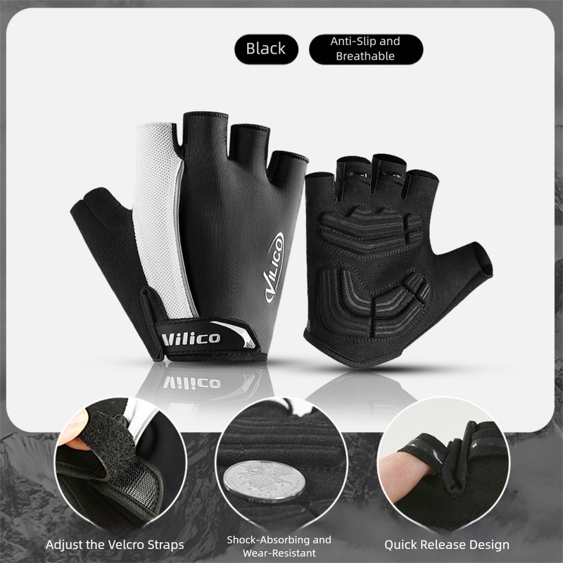 Black size L padded half-finger cycling gloves from Hlpmedical with breathable fabric and shock-absorbing padding for fitness.