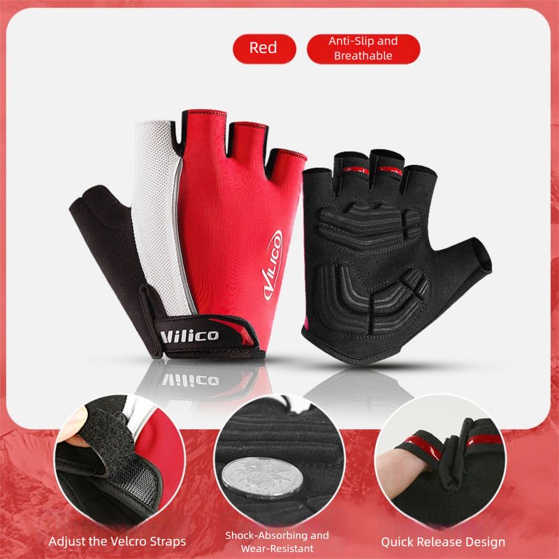 Red size L padded half-finger cycling gloves by Hlpmedical with breathable fabric and shock absorption for gym and biking.