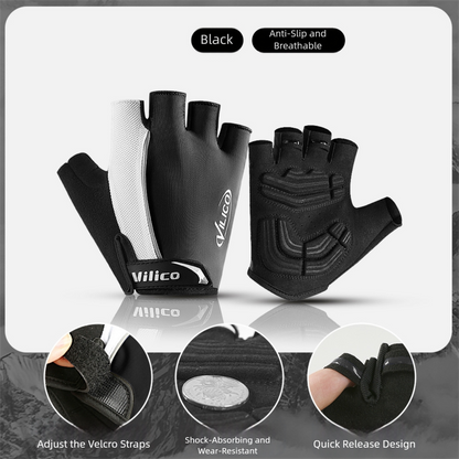 Black size M padded half-finger cycling gloves by Hlpmedical with breathable fabric and shock-absorbing padding for fitness and biking.