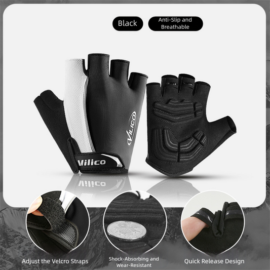 Black size M padded half-finger cycling gloves by Hlpmedical with breathable fabric and shock-absorbing padding for fitness and biking.