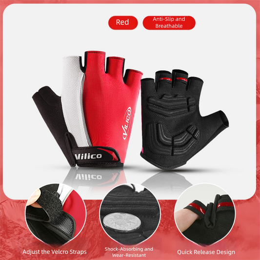 Red size M padded half-finger cycling gloves by Hlpmedical, breathable with shock absorption for gym and fitness cycling activities.