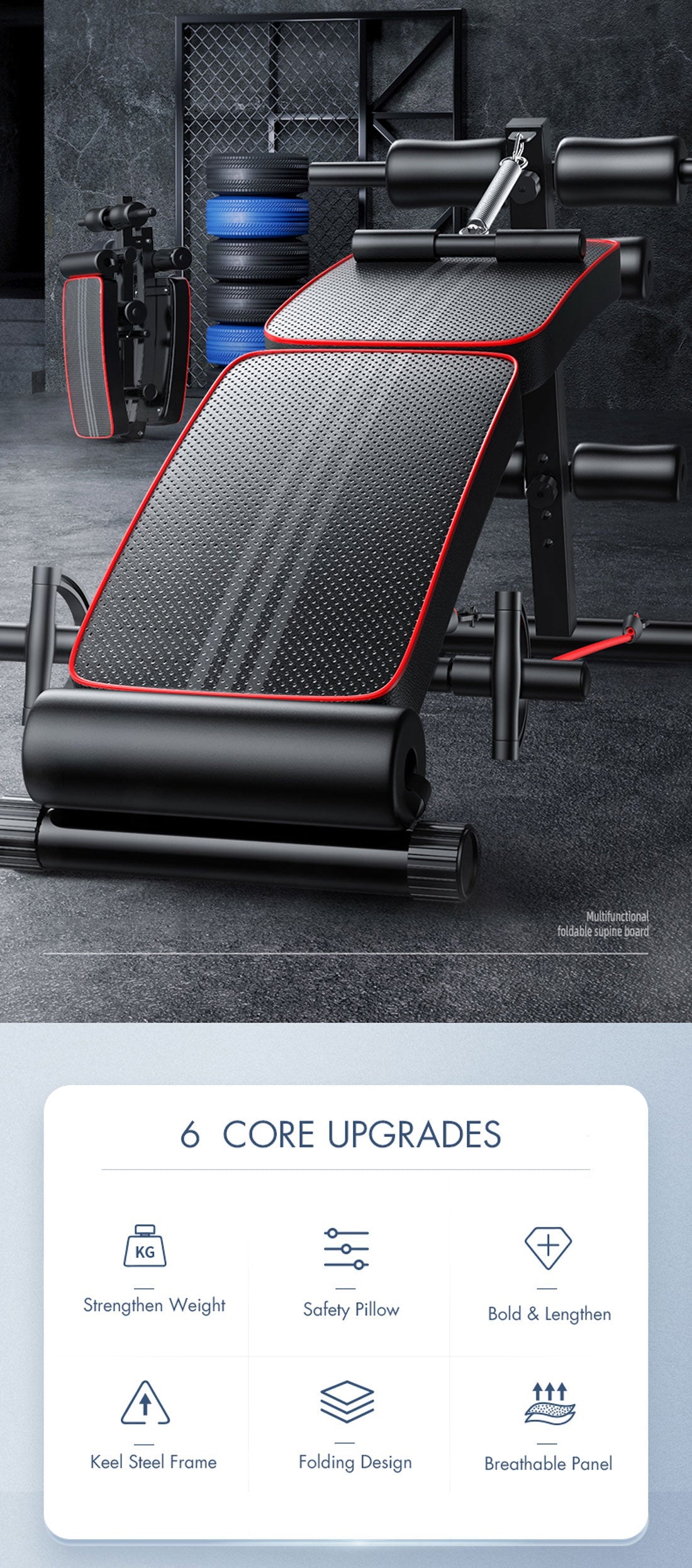 Foldable adjustable weight sit-up bench for home gym, used for abdominal exercises and strength training by Hlpmedical.