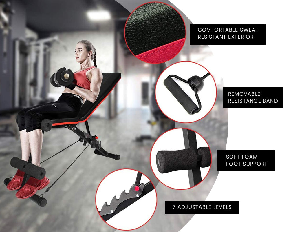 Hlpmedical PROFLEX adjustable weight bench for gym workouts with folding bands, suitable for strength training and fitness exercises.
