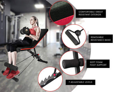 Hlpmedical PROFLEX adjustable weight bench for gym workouts with folding bands, suitable for strength training and fitness exercises.