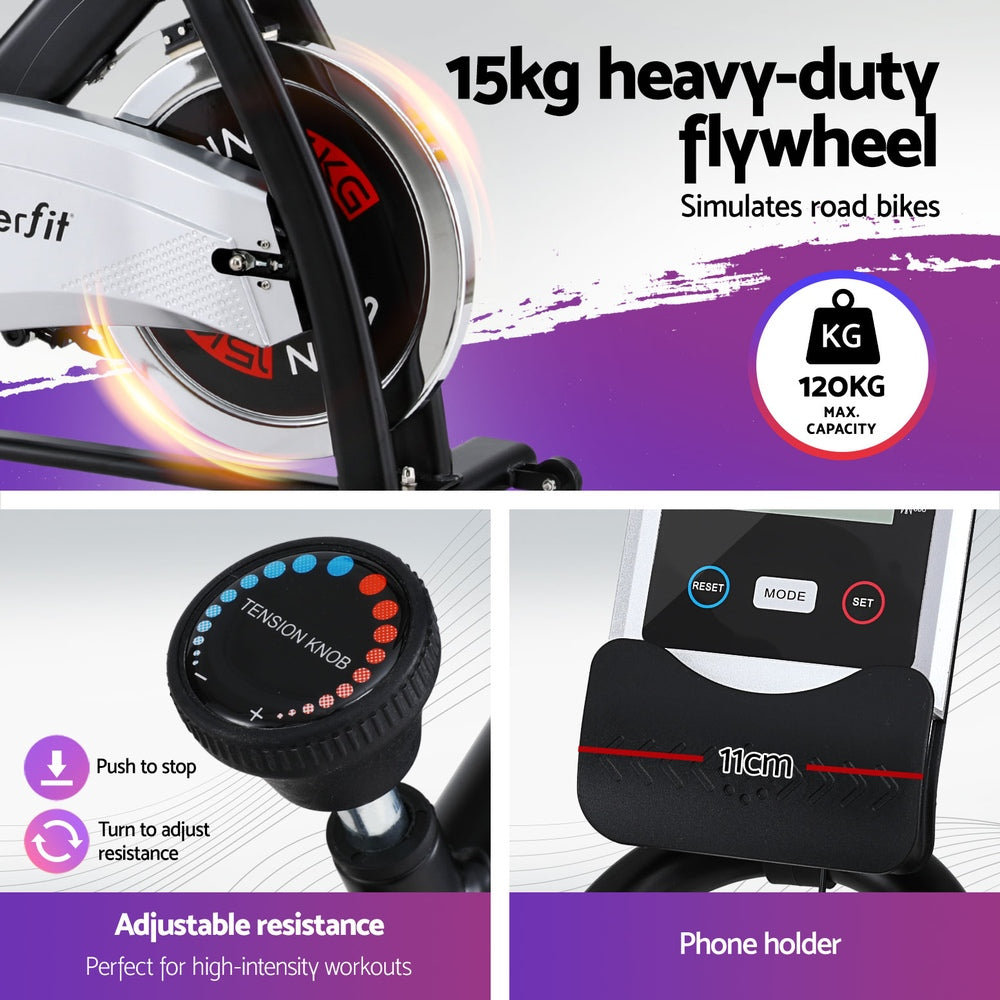Everfit exercise bike with 15kg flywheel, sturdy home gym spin bike from Hlpmedical, 120kg weight capacity, fitness equipment.