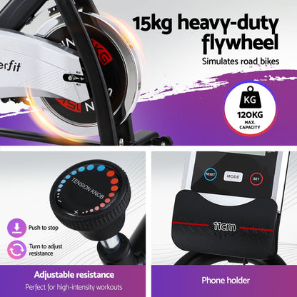 Everfit exercise bike with 15kg flywheel, sturdy home gym spin bike from Hlpmedical, 120kg weight capacity, fitness equipment.