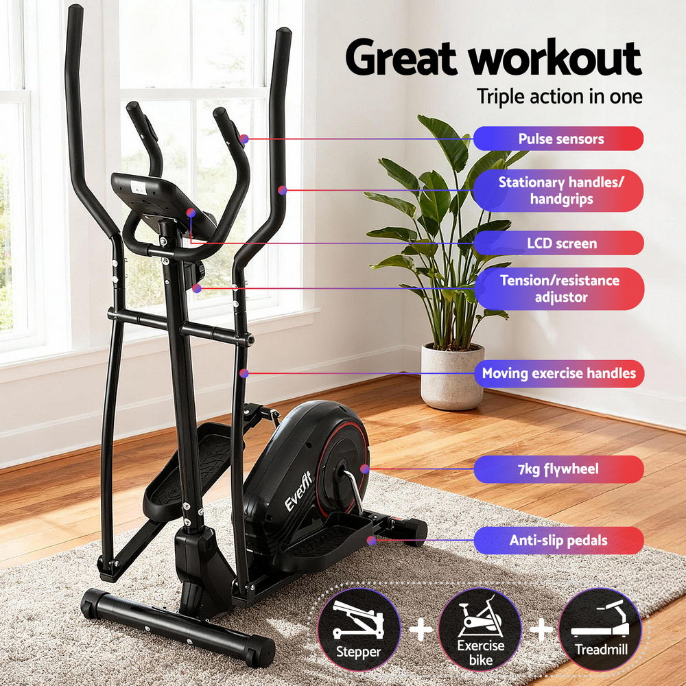 Hlpmedical Everfit exercise bike and elliptical cross trainer with LCD display for home gym fitness workouts.