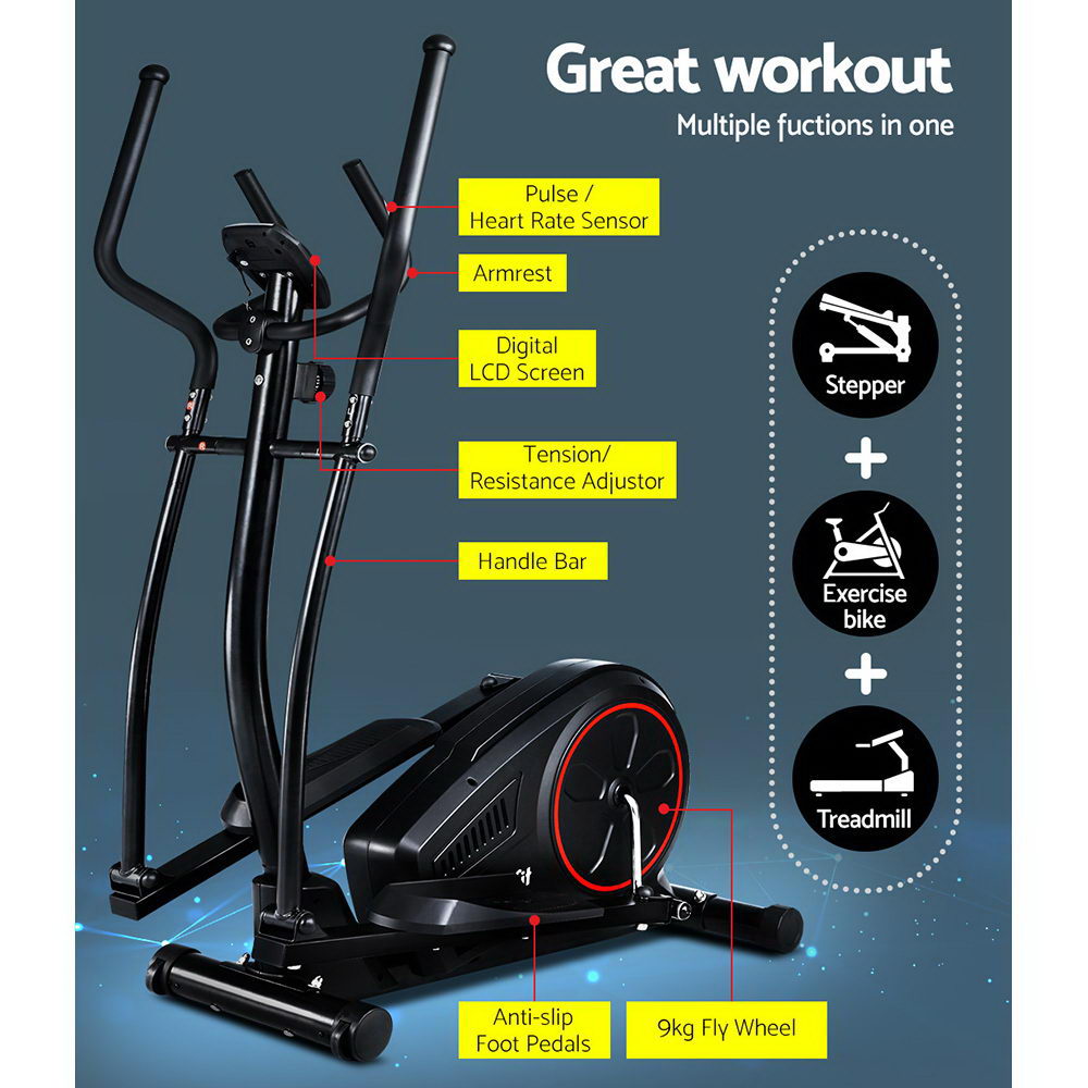 Hlpmedical Everfit exercise bike elliptical cross trainer with LCD display, designed for home gym fitness and cardio workouts.