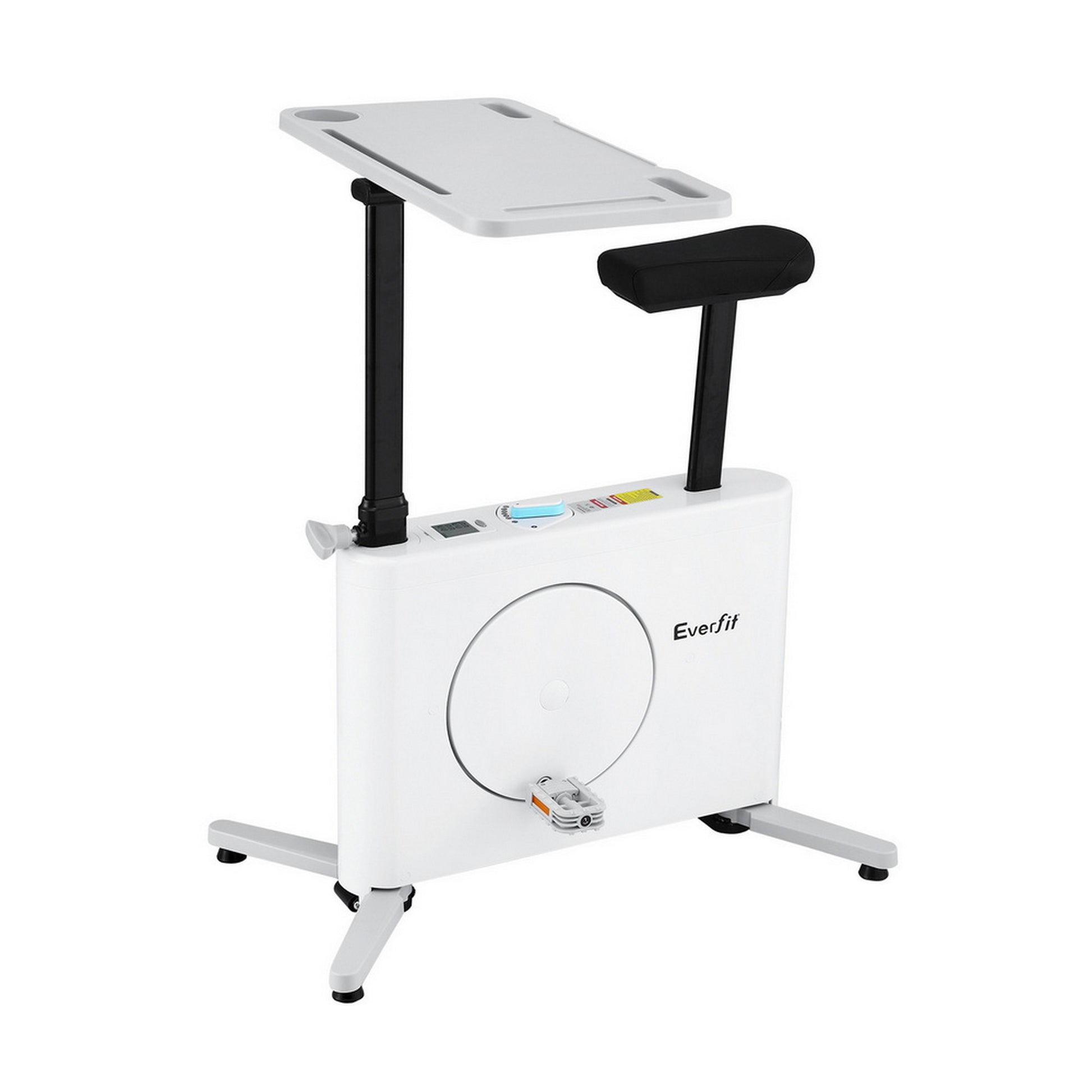 Everfit magnetic exercise bike with tabletop for home workouts, featuring adjustable height and comfortable seat for fitness at your desk.