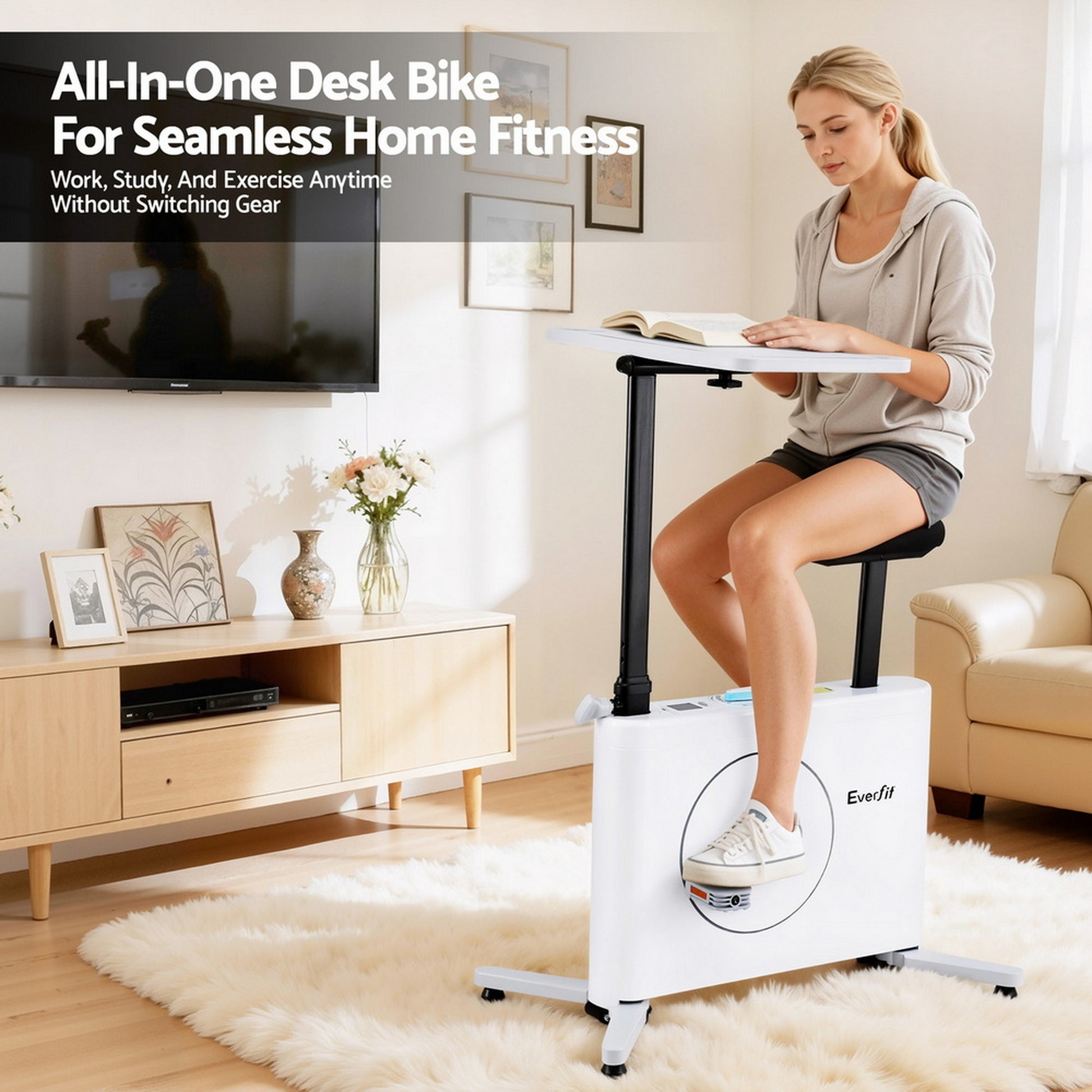Hlpmedical Everfit magnetic desk exercise bike with tabletop for home fitness and workout, showing adjustable seat and digital display.