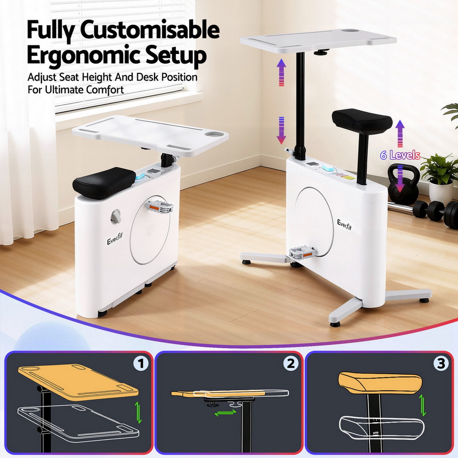 Hlpmedical Everfit magnetic desk exercise bike with tabletop for home workouts and fitness, showing adjustable seat and digital display.