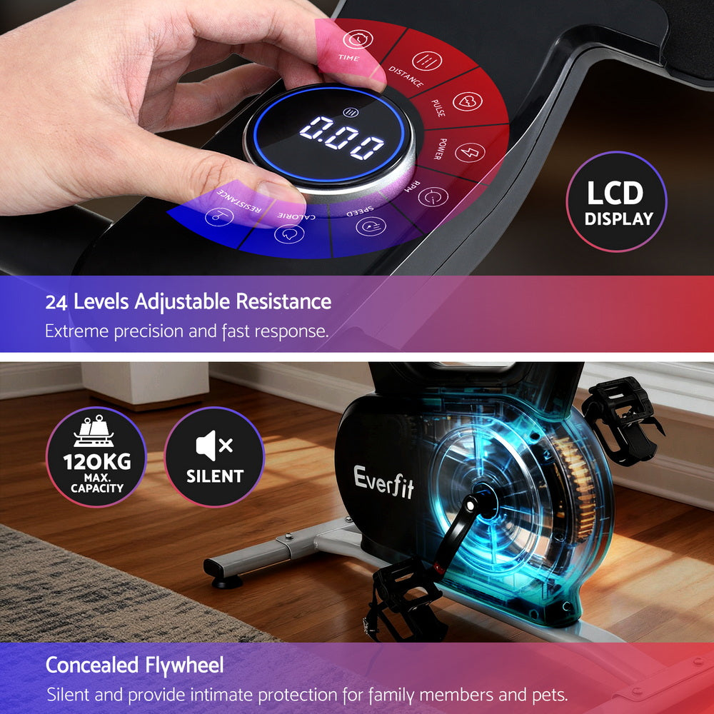 Everfit exercise spin bike with electromagnetic resistance, Bluetooth, 24 levels, supports 120kg, ideal for smart home fitness workouts.